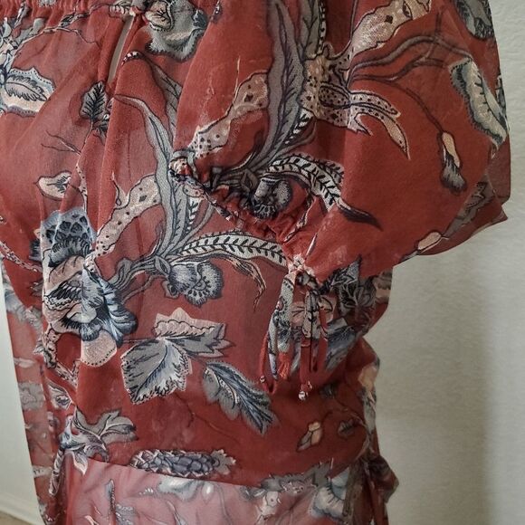 Vintage Boho Gypsy Sheer Cold Shoulder Sheer Flowy Floral Print Long Dress - Picture 5 of 8